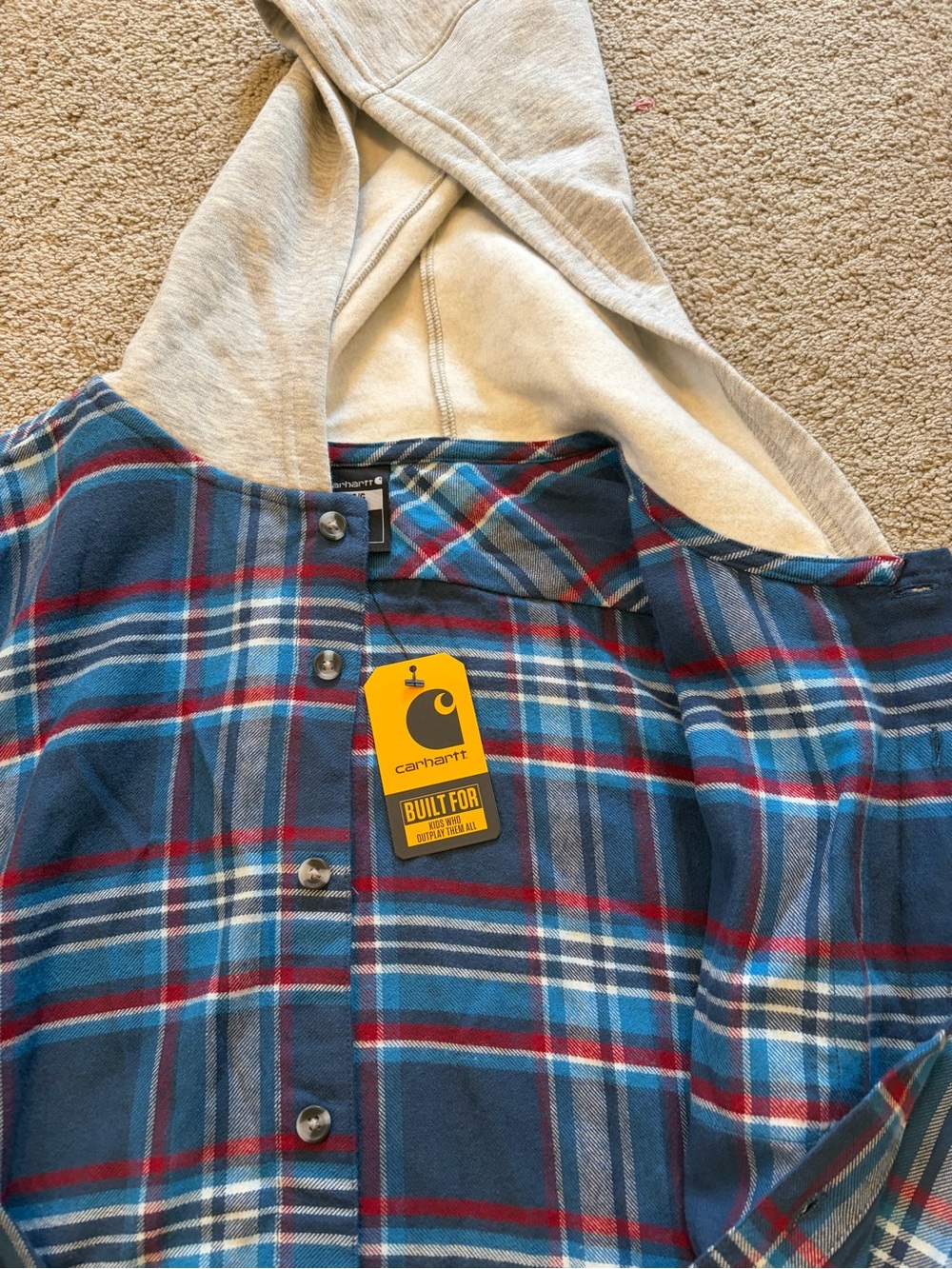 Carhartt Boys' Blue Plaid Hooded Button-Down Shirt